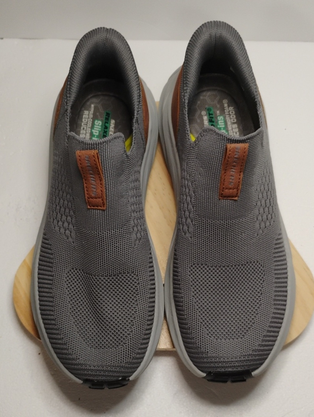 Skechers Gray Slip-On Knit Sneakers with Brown Pull Tab